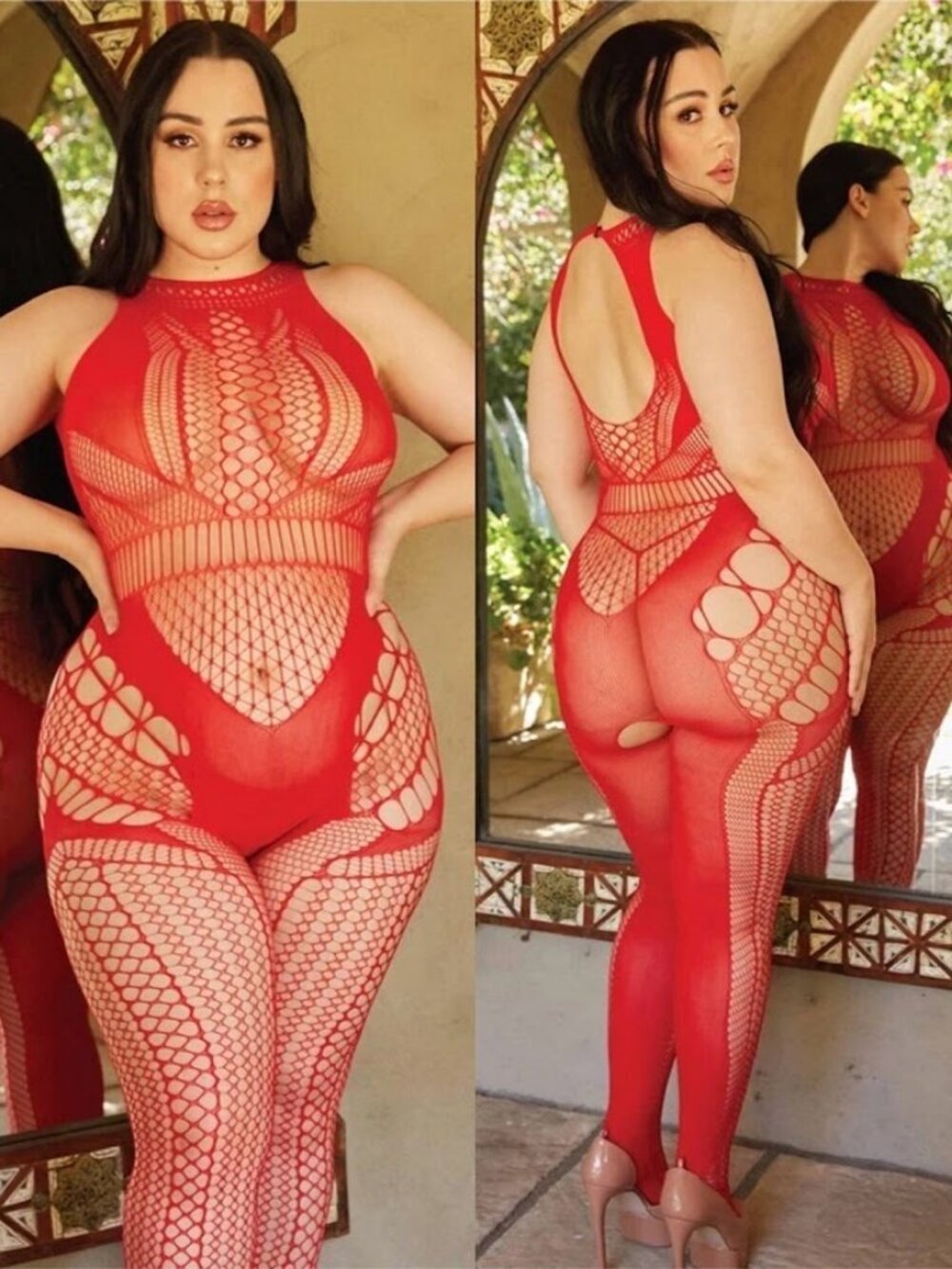 Red Crotchless Fishnet Bodystocking w Thong Queen Plus Size Killer Legs NWT